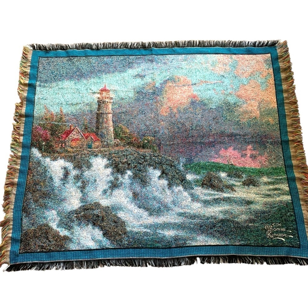 VTG Thomas Kinkade Lighthouse Ocean Wall Tapestry Blanket Fall's Cottage 48"X60"